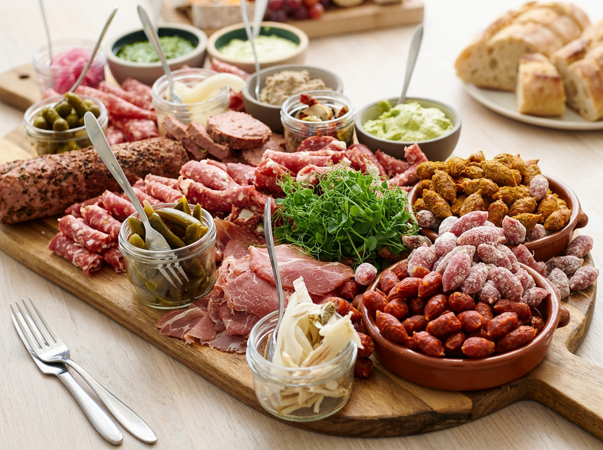 Stort trætræfad med charcuteri, tapas, dips og chorizo til selskaber