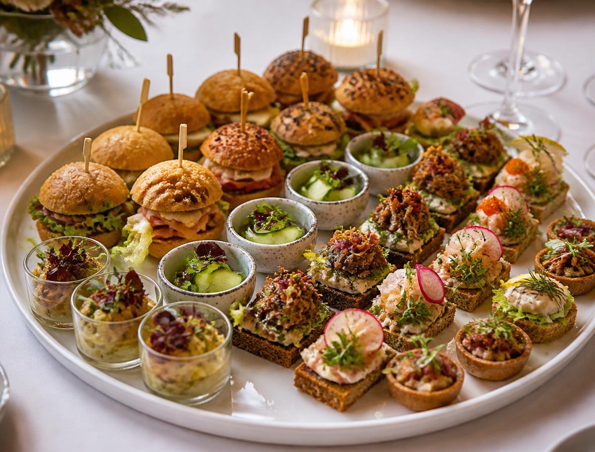 Fad med dansk smørrebrød, tapas og mini hapser til firmafrokost