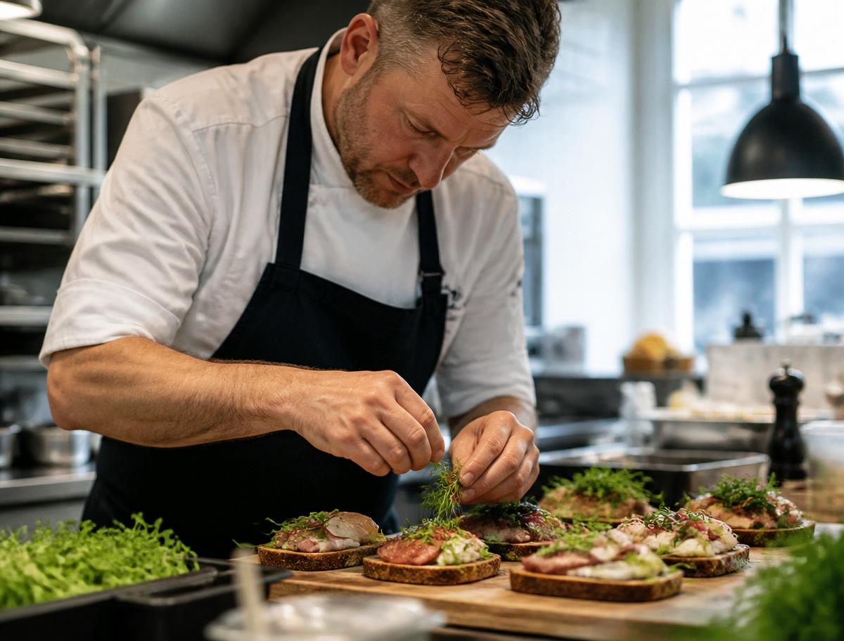 Kok pynter smørrebrød i køkkenet